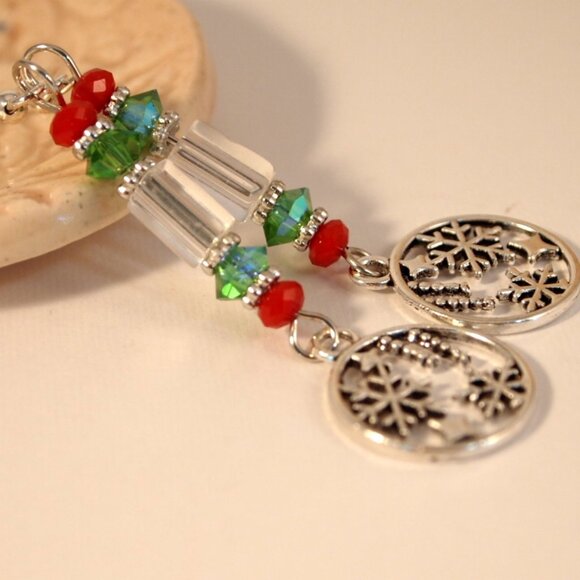 Snowflake Earrings Christmas Dangle Pierced or Clip-on Earrings Silver Earrings - Picture 1 of 7